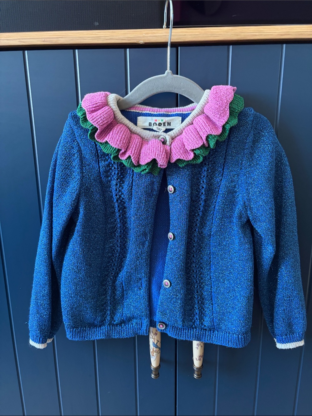 Mini Boden Girls Blue Sparkle Cardigan with Pink & Green Ruffle Collar 3-4 year